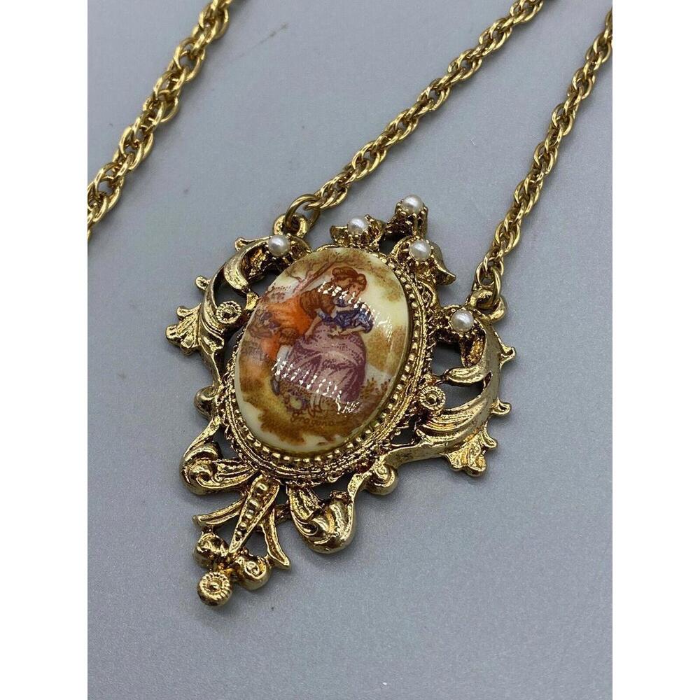 Renaissance Revival Couple Bolo Tie Gold Tone Pearl Double Strand Necklace Rare - Picture 4 of 16